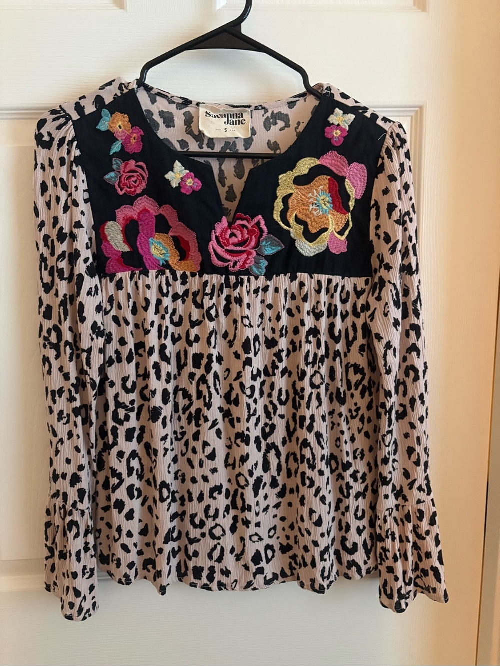 Savanna Jane Cream Leopard Blouse with Black Embroidered Floral Yoke